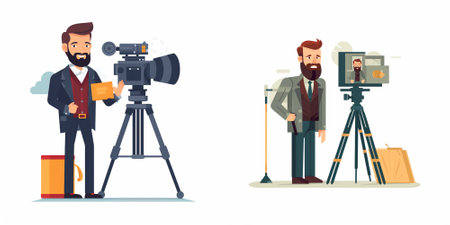 Cameraman and videographer set. Cameraman with camera and film crew. Filmmaker with video camera....