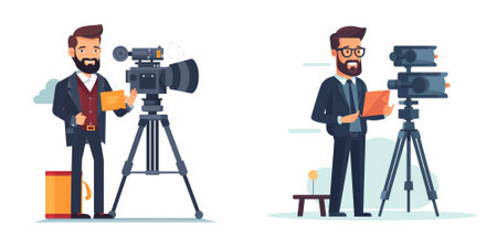 Cinema set with male characters. Cameraman with camera and tripod. Vector illustration in cartoon...