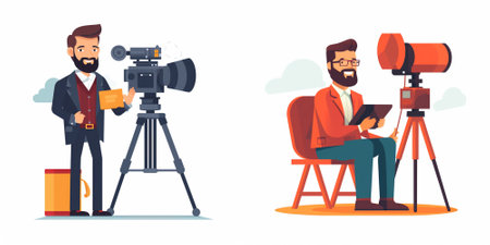 Journalist and cameraman with camera. Cameraman with camera on tripod. Vector illustration in...