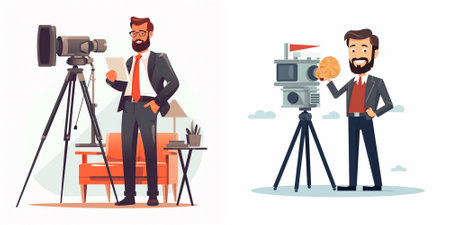 Journalist and cameraman. Set of vector illustrations in flat style