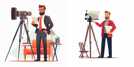 Journalist with camera on tripod and cameraman. Journalist with camera on tripod. Vector...