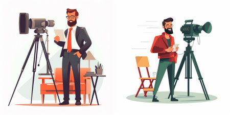 Journalist with camera on tripod. Journalist with camera. Journalist with microphone. Vector...