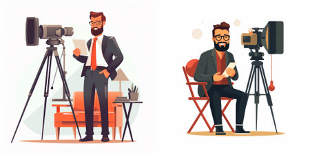 Journalist or journalist with camera. Man with beard and mustache on camera. Journalist at work....