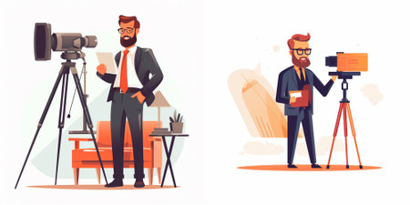 Journalist and cameraman. Journalist with camera on tripod. Vector illustration