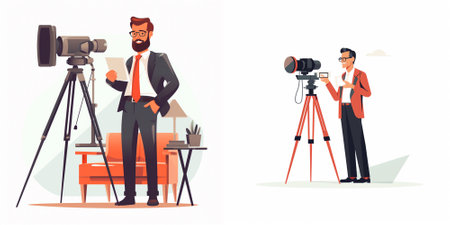 Journalist with camera on tripod. Cameraman with camera on tripod. Vector illustration in cartoon...