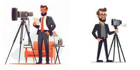 Cameraman and videographer with camera. Filmmaker with camera on tripod. Vector illustration in...