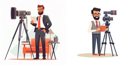 Journalist with camera set. Filmmaker, journalist, videographer and cameraman. Vector cartoon...