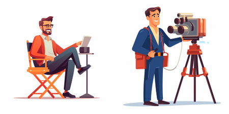 Photographer with camera and cameraman. Cameraman with camera on tripod. Filmmaking, videographer with professional equipment. Vector illustration in cartoon styleのイラスト素材