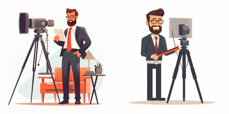 Journalist with camera and tripod. Vector illustration in cartoon style.