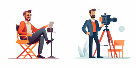 Photographer, videographer or videographer working with camera. Cameraman or videographer in front of camera. Vector illustration in cartoon styleのイラスト素材