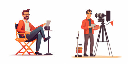 Journalist, cameraman and videographer. Cameraman with camera and tripod. Vector illustration in...