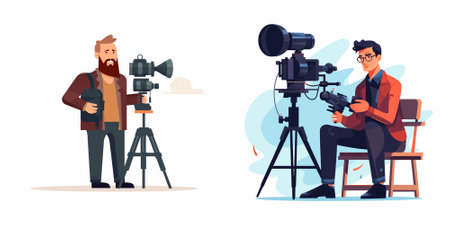 Journalist or videographer with camera and tripod. Journalist with a camera. Vector flat...