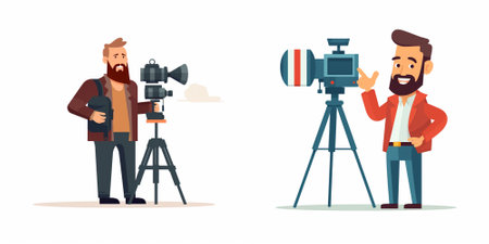 Journalist and cameraman with camera on tripod. Set of cartoon vector illustrations.