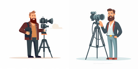 Cameraman or videographer with camera and tripod. Vector flat cartoon illustration