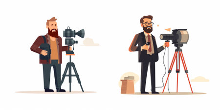 Journalist with beard and camera on tripod. Vector cartoon illustration.
