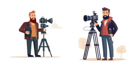 Journalist and cameraman with camera. Vector illustration in cartoon style