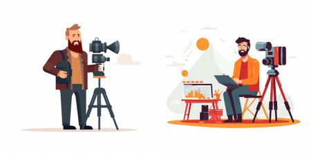 Photographer and cameraman working with professional camera. Professional videographer working with...