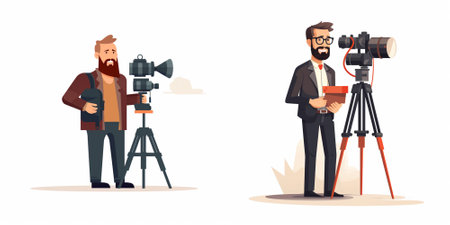 Journalist with camera and video camera. Vector illustration in cartoon style