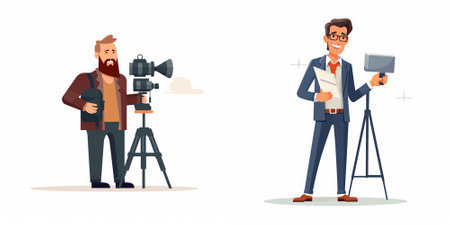 Cameraman and videographer with camera and tripod. Cameraman in professional suit and glasses....