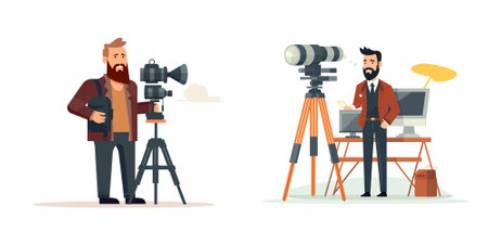 Cameraman and videographer with camera. Vector flat cartoon illustration