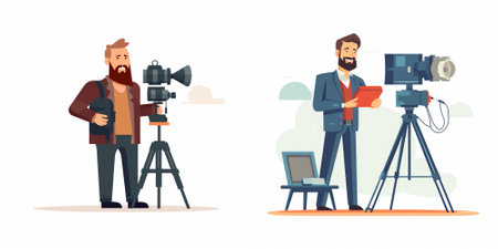 Photographer with camera on tripod. Vector illustration in flat cartoon style