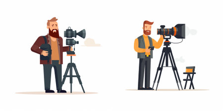 Photographer and cameraman with professional camera. Vector illustration in cartoon style