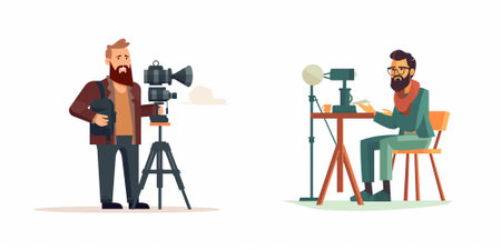 Photographer or videographer with camera and tripod. Vector illustration.