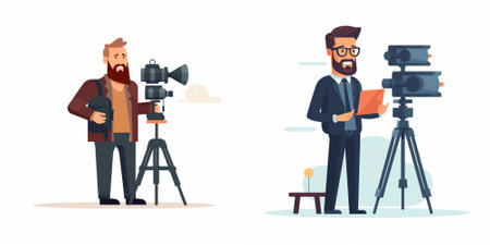Cameraman and cameraman with camera on tripod. Cameraman with professional equipment. Filmmaking,...