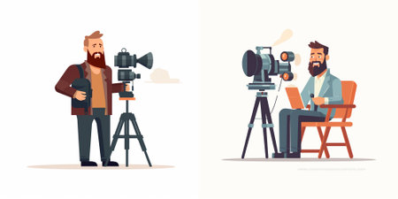 Journalist and cameraman with camera set, flat vector illustration.