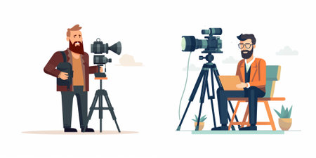 Photographer and cameraman with camera. Vector illustration in cartoon style