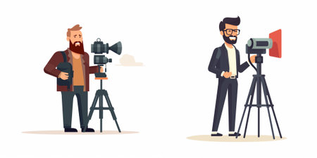 Cameraman and videographer set. Filmmaker with camera and video camera. Vector illustration in...