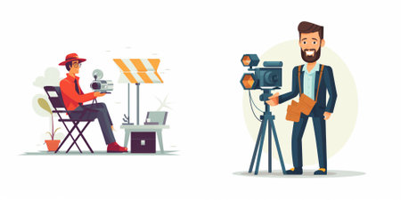 Photographer and cameraman with camera. Vector illustration in cartoon style