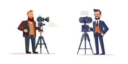Cameraman or videographer with beard and camera set. Vector illustration