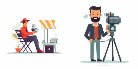 Photographer and cameraman. Vector illustration in cartoon style. Video production.