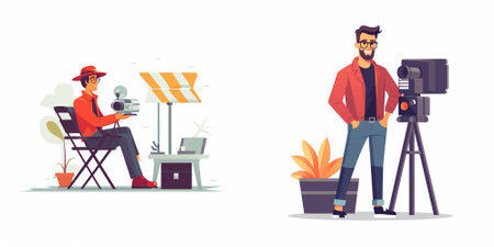Cameraman, cameraman, videographer with camera. Vector flat cartoon illustration