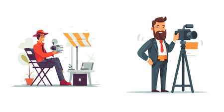 Journalist and cameraman with camera. Set of cartoon vector illustrations.