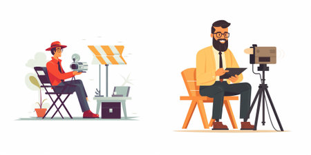 Journalist and journalist working in the studio. Flat vector illustration.のイラスト素材