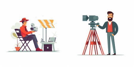 Cameraman and videographer with camera. Filmmaker at work. Vector flat illustration