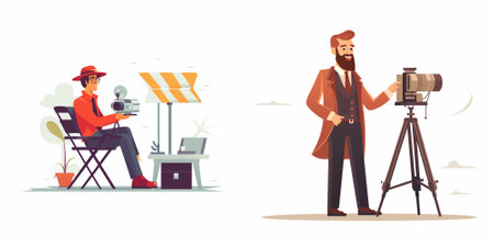 Photographer with camera. Filmmaker in a hat and coat. Vector illustration