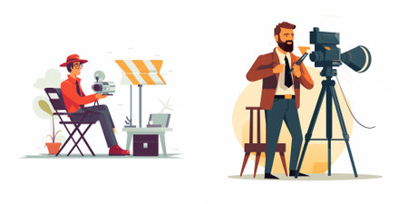 Photographer and cameraman with camera. Vector flat cartoon illustration.