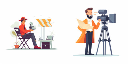 Photographer and cameraman with camera. Vector illustration in cartoon style