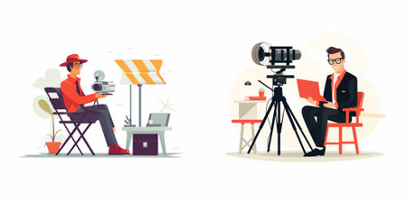 Photographer and videographer with camera and tripod. Flat vector illustration