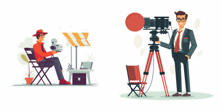 Cameraman and videographer set. Cameraman with camera and professional equipment. Vector...