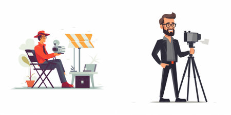 Journalist or reporter with camera on tripod. Vector illustration in cartoon style