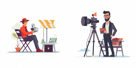 Photographer with camera on tripod. Filmmaker with camera. Professional videographer with equipment....