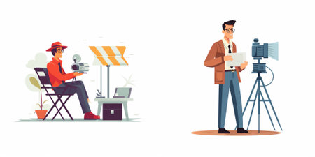 Journalist and cameraman working on camera. Journalist, journalist, journalist, reporter. Vector illustration in flat styleのイラスト素材