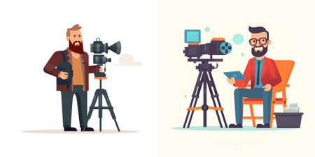 Photographer and cameraman with camera and tripod. Flat style vector illustration.