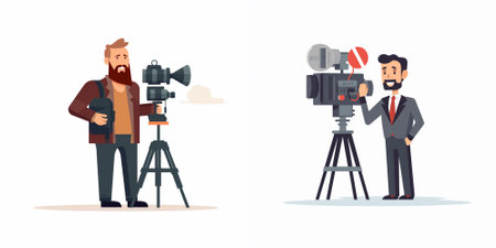 Cartoon cameraman with camera and video camera. Vector illustration in a flat style