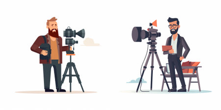 Cameraman or videographer with professional camera. Vector illustration in cartoon style