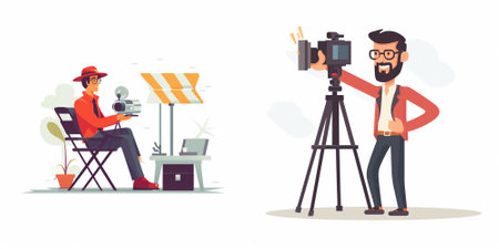 Photographer with camera and tripod. Cameraman with camera. Vector illustration